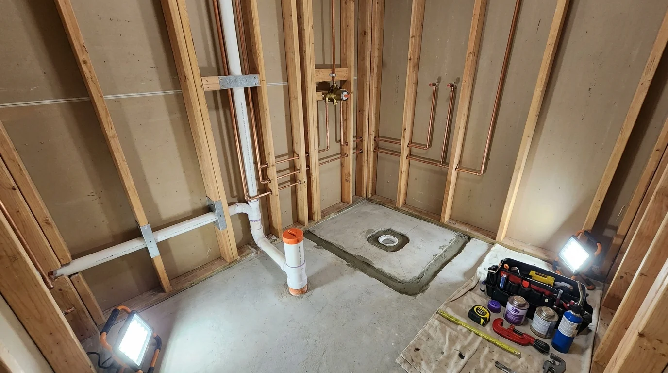 Bathroom rough-in plumbing during remodel by Johns Plumbing LLC in Mulberry