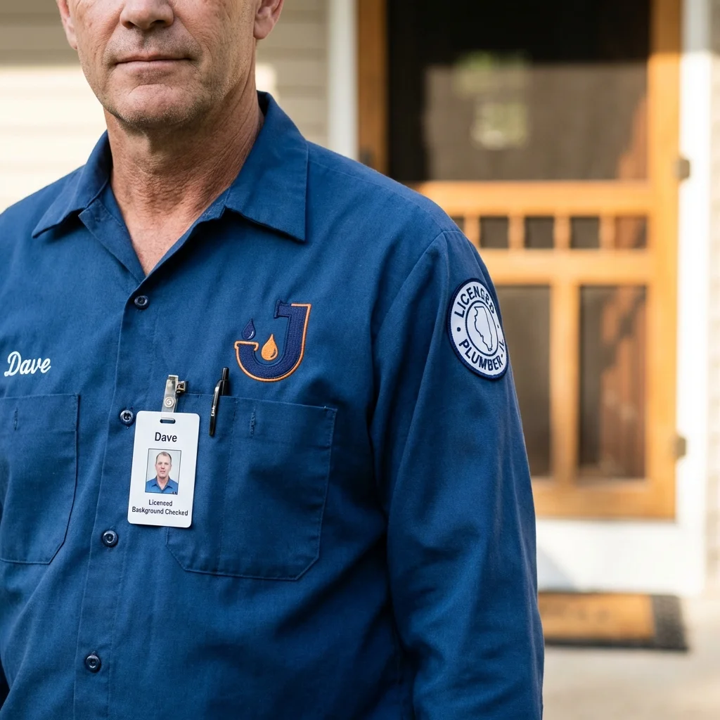 Licensed plumber showing ID badge in Mulberry, AR