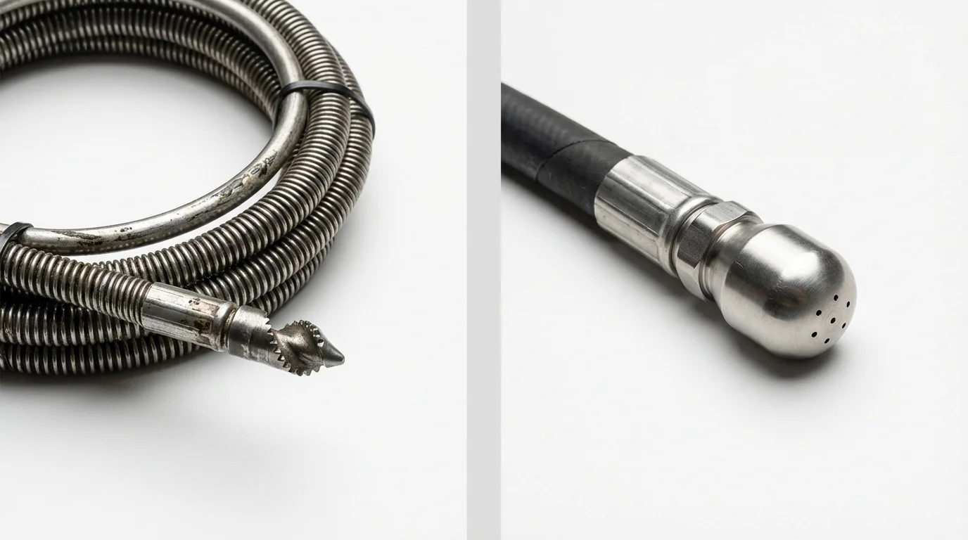 Drain snake cable and hydro jetting nozzle used for drain cleaning in Mulberry, AR