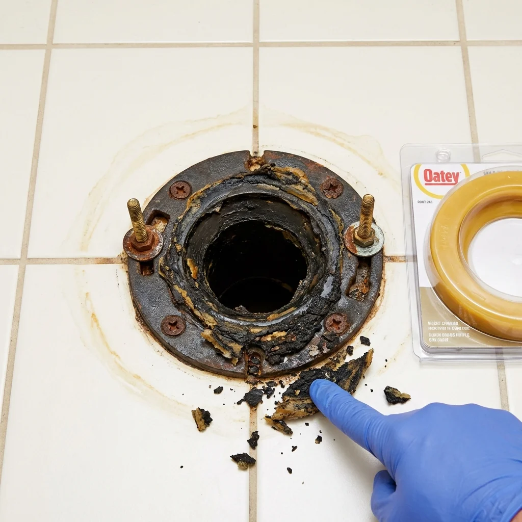 Failed wax ring showing water seepage at the base of a toilet in a Mulberry, AR home