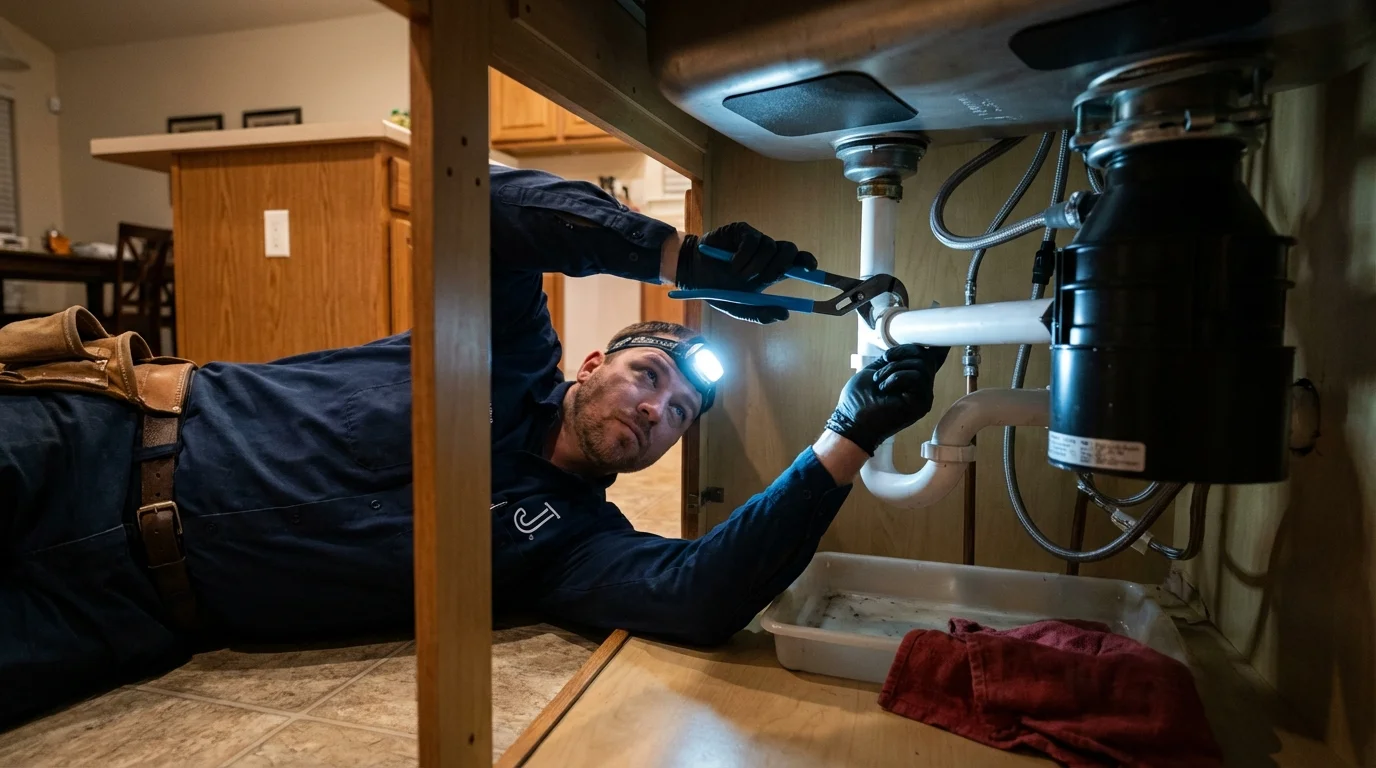 P-trap and supply line connections under a kitchen sink showing a common leak point in Mulberry, AR